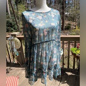 Easel Size Medium Teal and Coral Floral Blouse long Sleeve 100% polyester